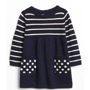 Baby Gap girl's size 6-12 mo knit navy sweater dress with stripes and polka dots